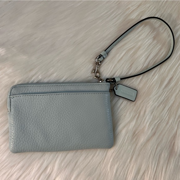 Coach Pebble Leather Wristlet In Baby Blue Color - Picture 2 of 16